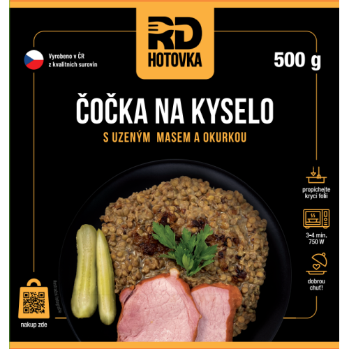 Čočka na kyselo s uzeným masem a okurkou